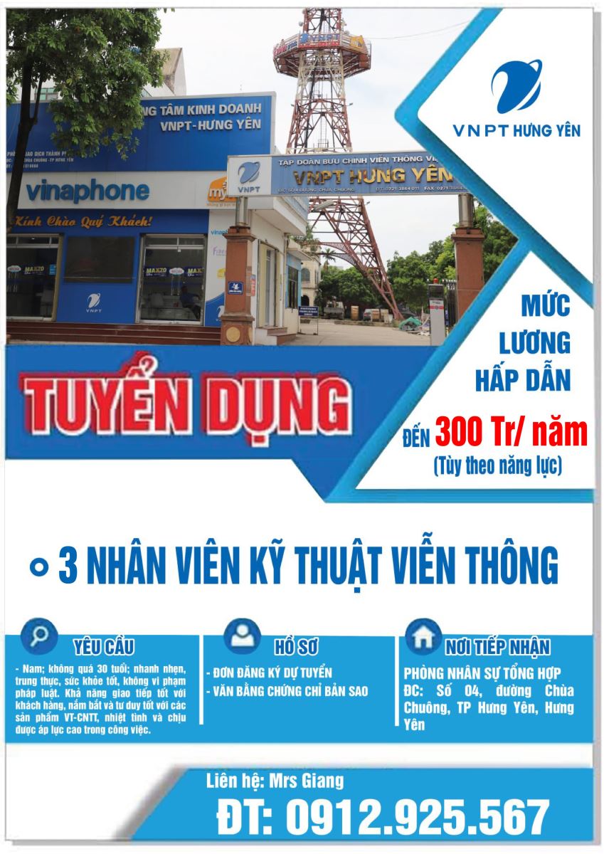 VNPT HƯNG YÊN THÔNG BÁO TUYỂN DỤNG